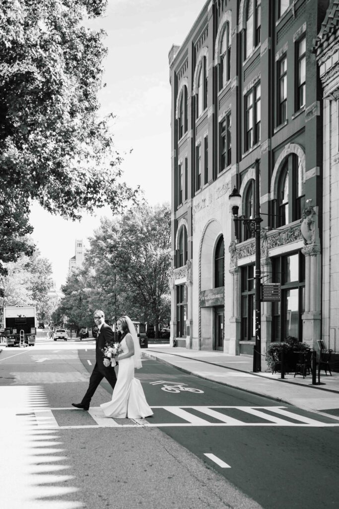 Downtown Asheville wedding bride and groom urban