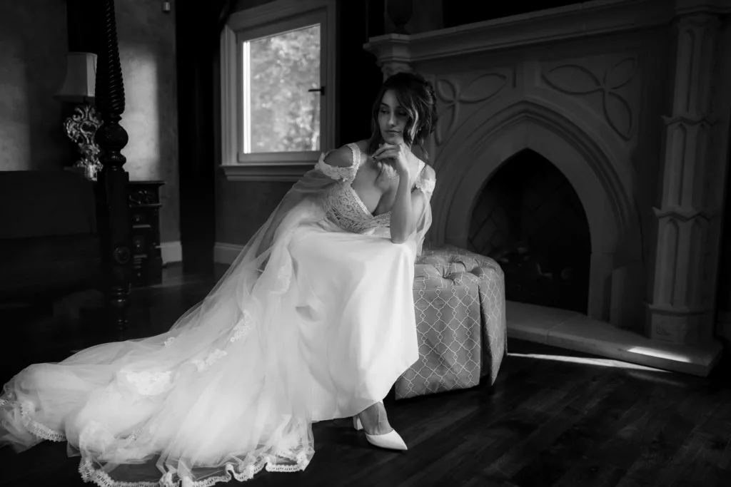 Classical bride in dress wearing white dress