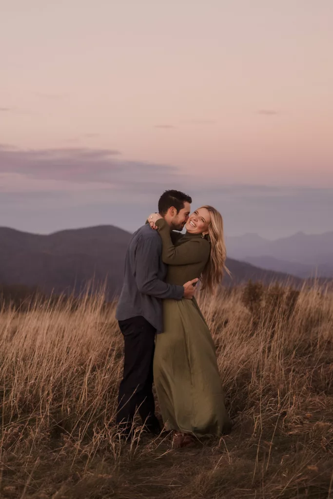 engagement session at sunset near asheville - pink skies